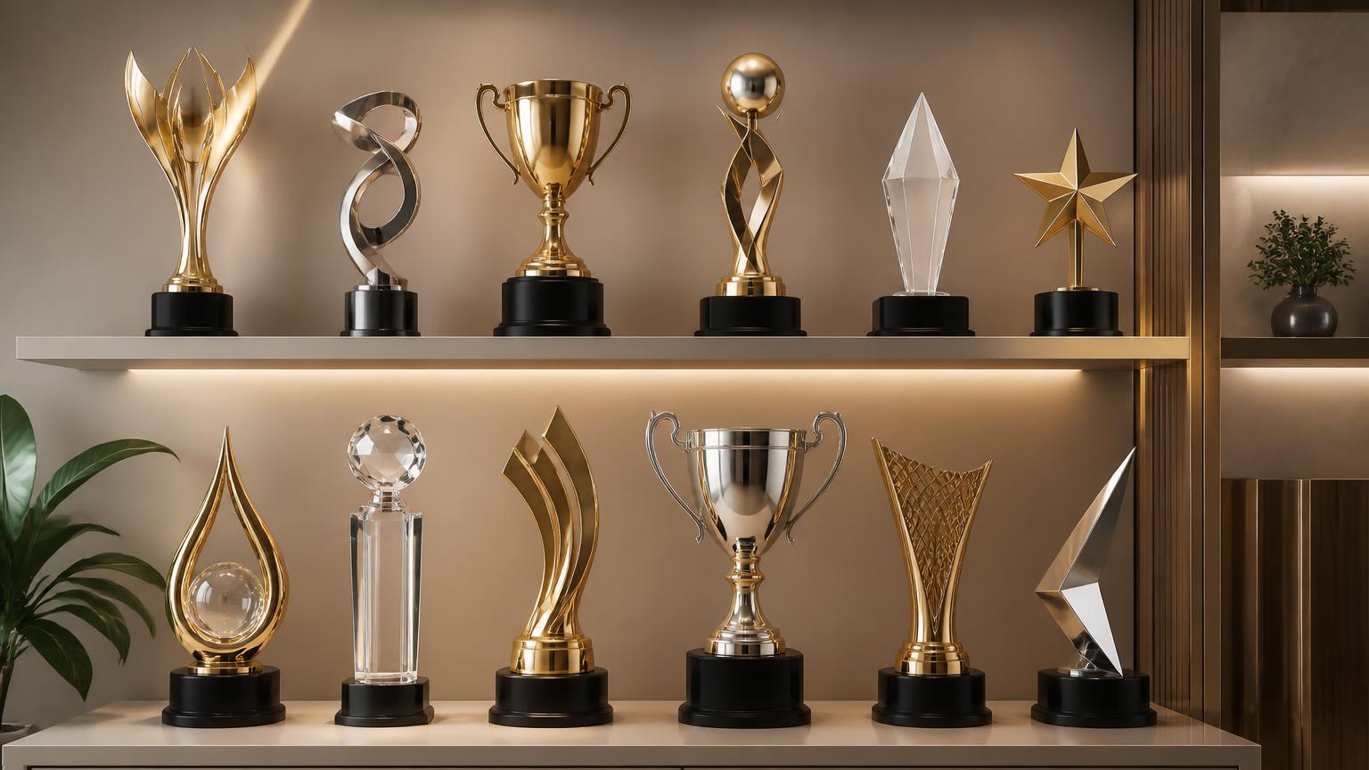 Custom awards and trophies showcased on elegant shelves, highlighting premium engraving and detailed finishes from a professional screen printer