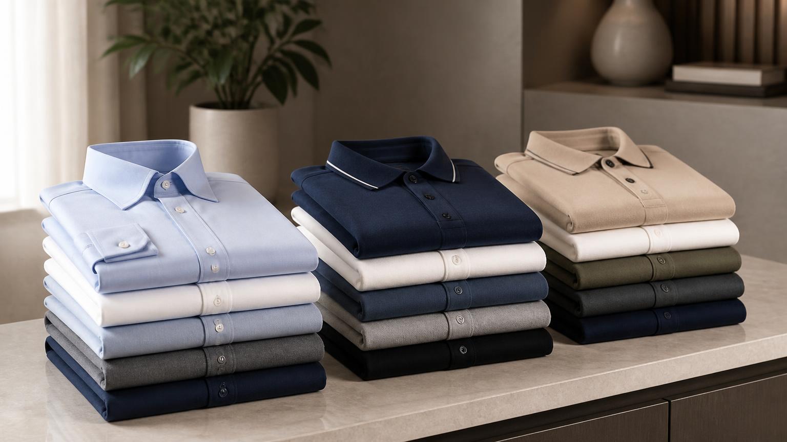 neatly arranged stack of embroidered corporate shirts and polos in a professional setting for screen printing services