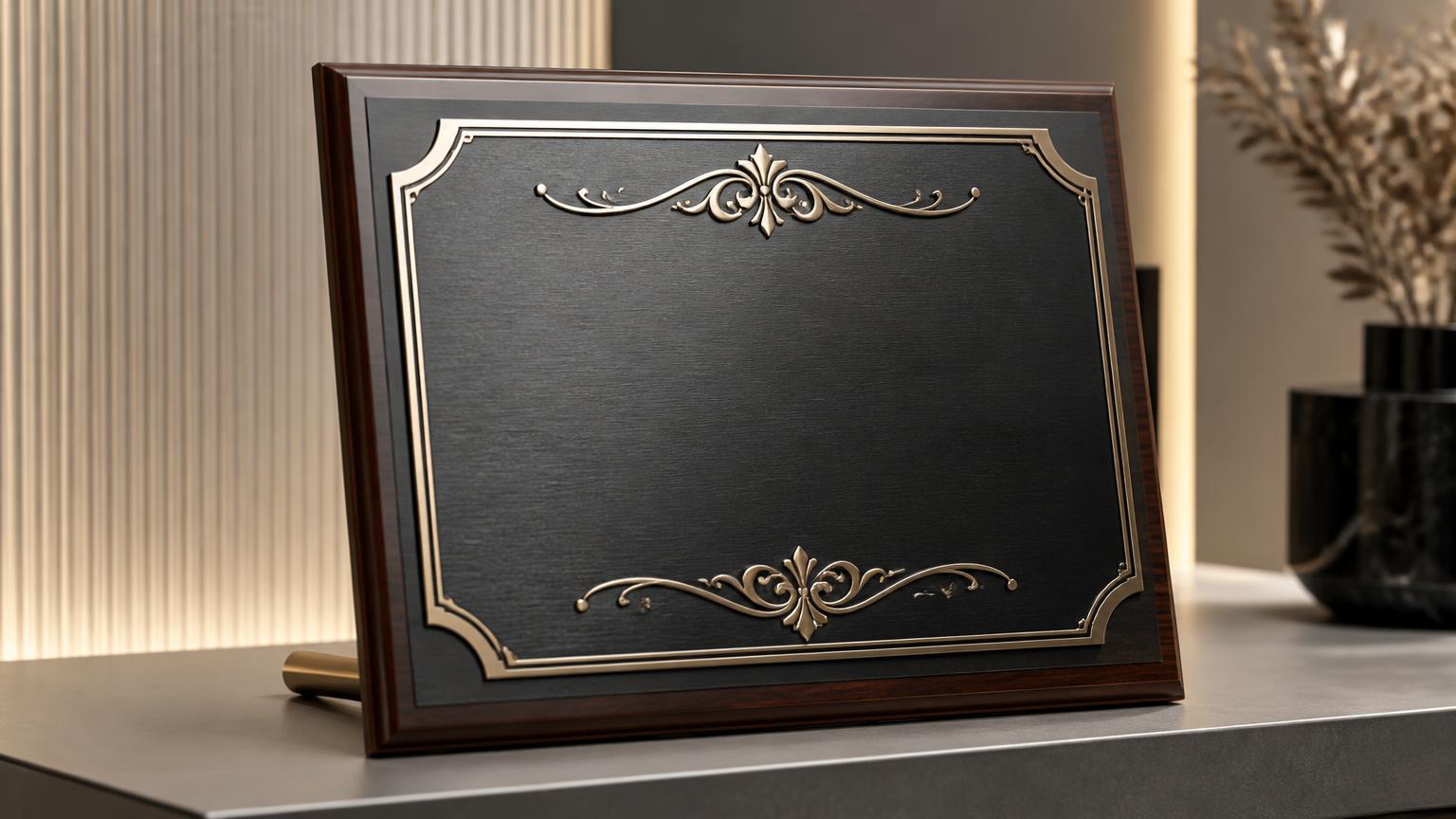 custom engraved award plaque on display table representing professional engraving services by a screen printer