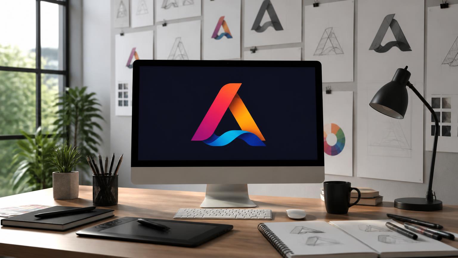 Professional graphic design workstation with monitor showing custom logo artwork for screen printing services