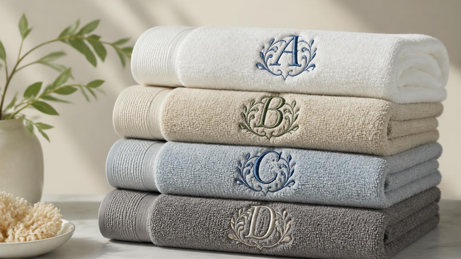 Custom monogram embroidered towels neatly stacked to showcase screen printer embroidery quality