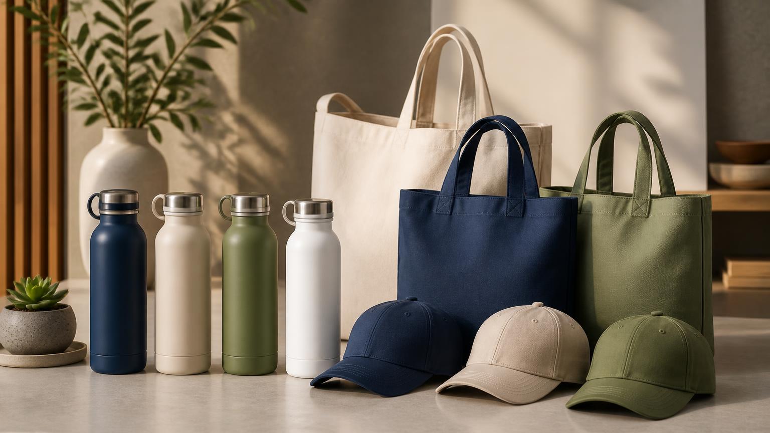 custom branded promotional products including tote bags, water bottles, and hats arranged on a clean surface in a professional presentation for a screen printing service