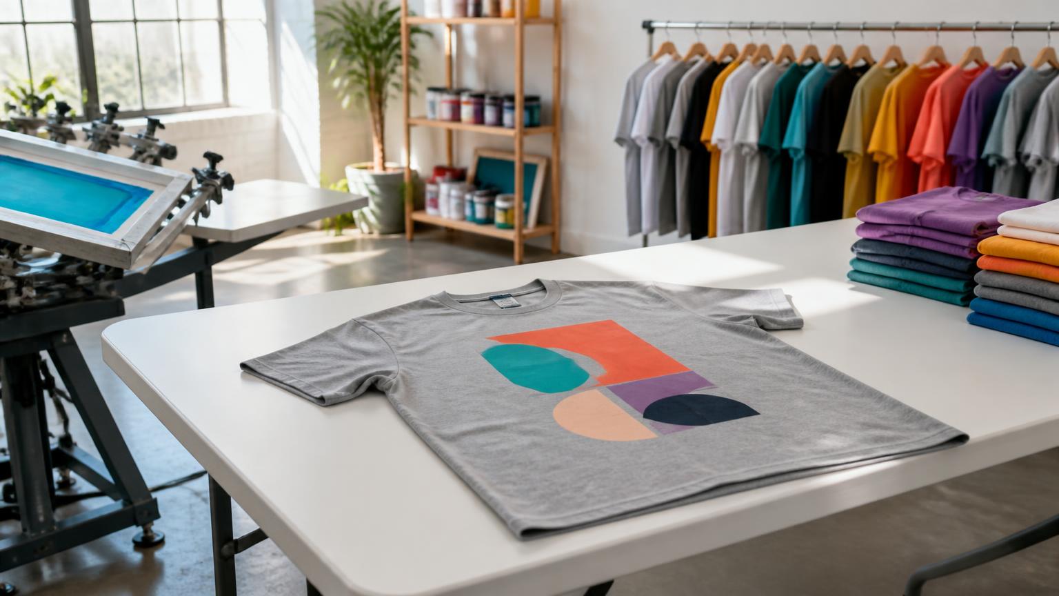 Screen printing studio with a vibrant custom t-shirt on display, finished apparel in the background, natural light, no people or logos