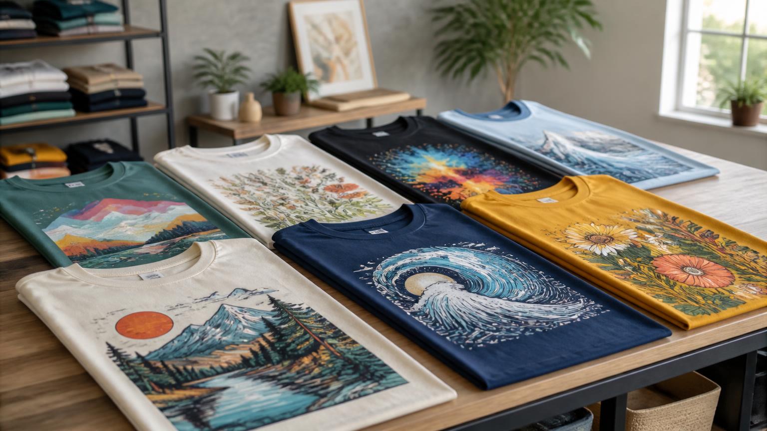 Custom t-shirts with vibrant sublimation prints neatly displayed in a professional screen printing studio