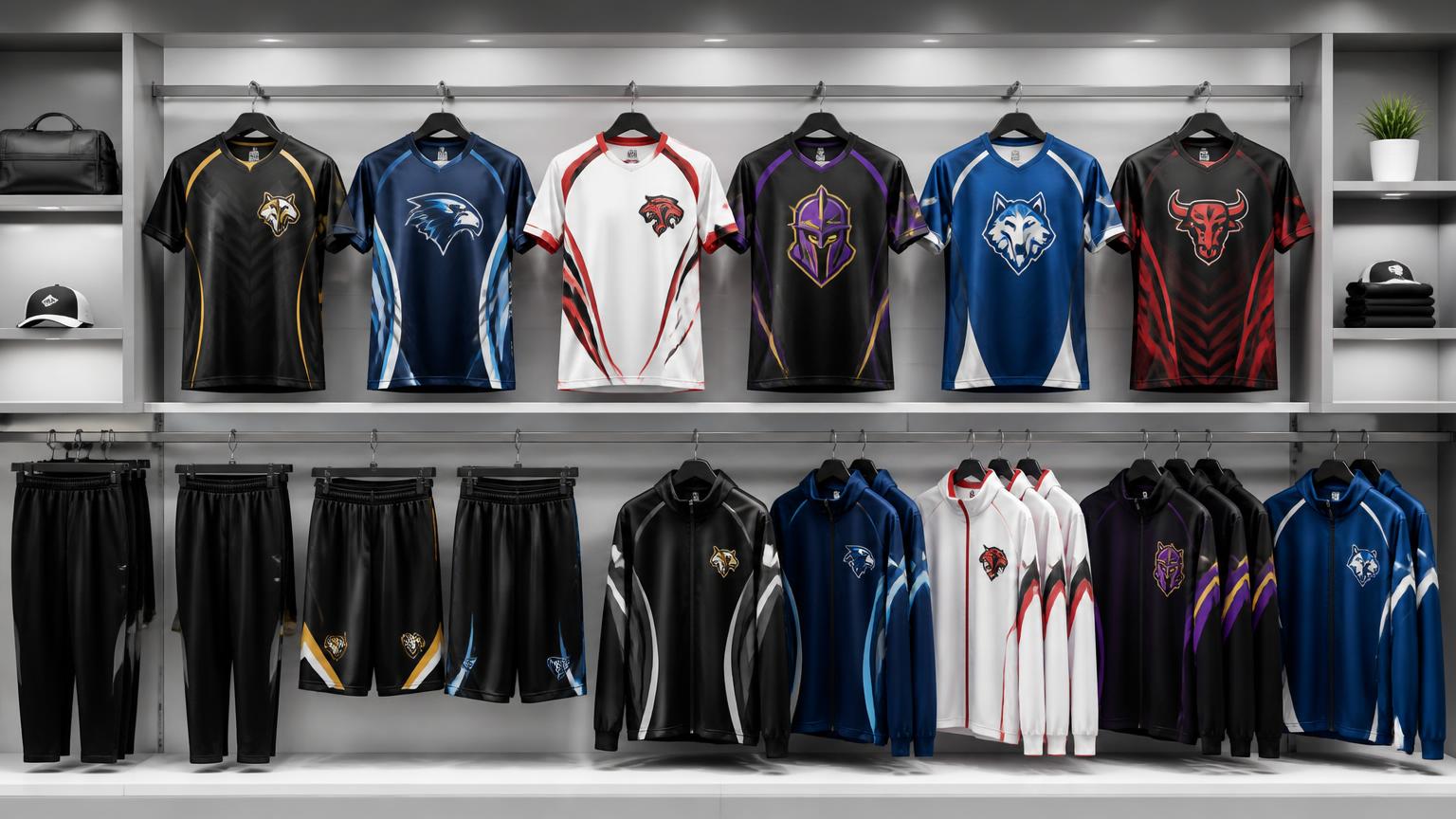 Custom team apparel and jerseys displayed on hangers in a well-lit screen printing shop