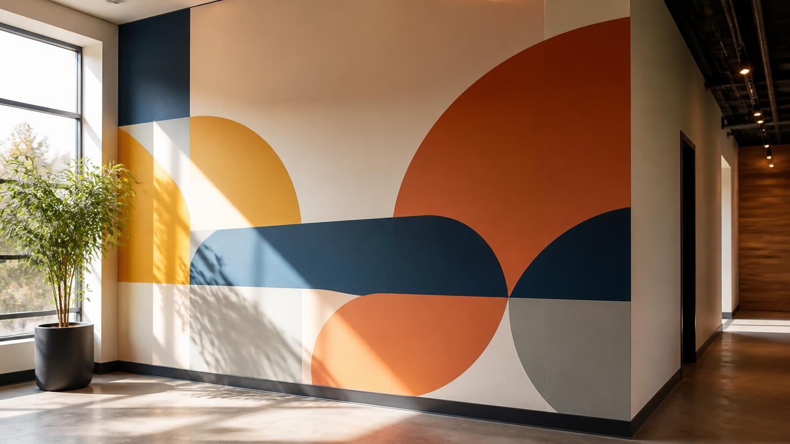 Custom vinyl graphic displayed on a modern office wall with vibrant colors, created by a professional screen printing company