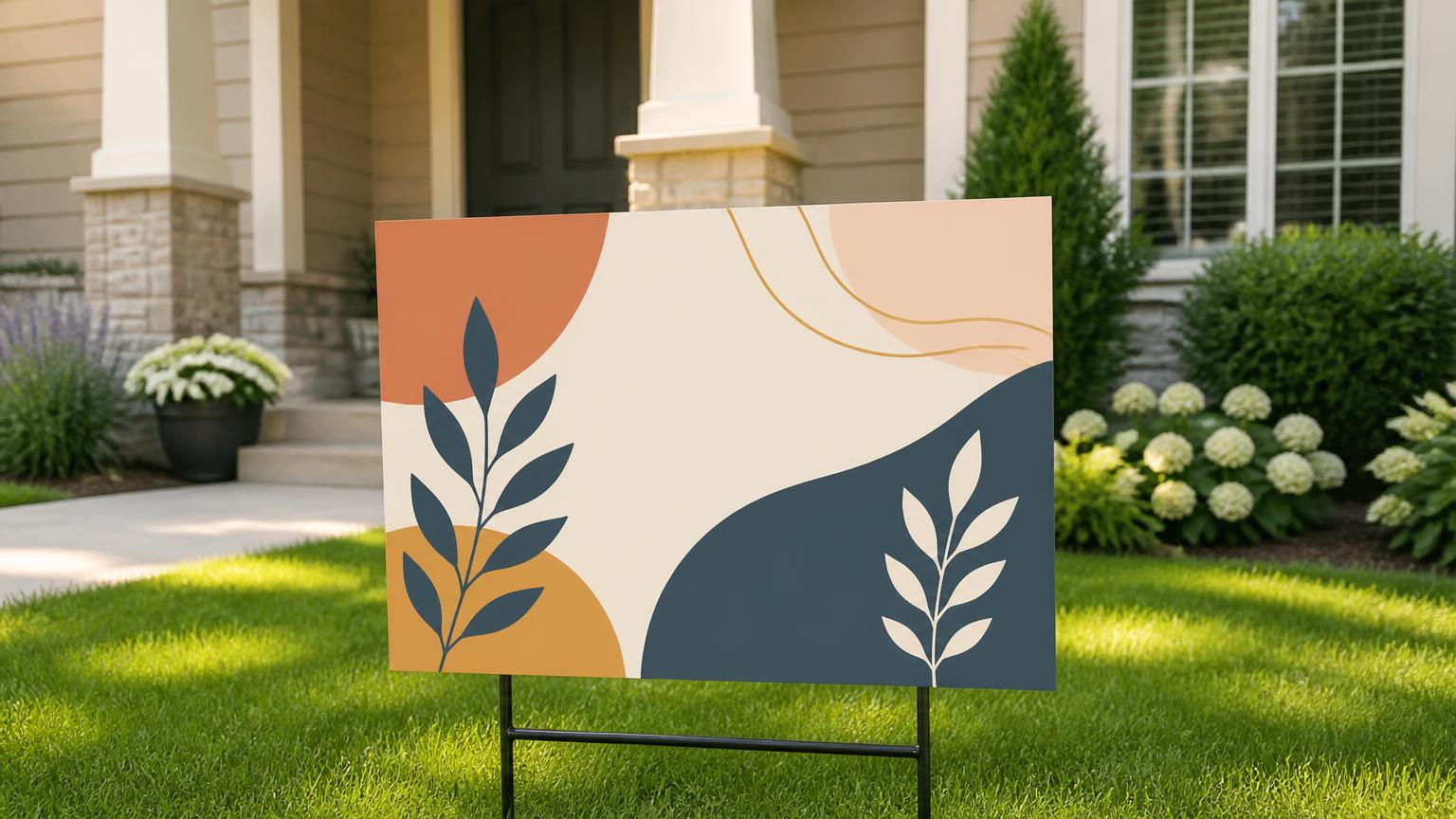 Colorful custom yard sign showcased on a green lawn, created by a screen printing company, with a tidy home in the background